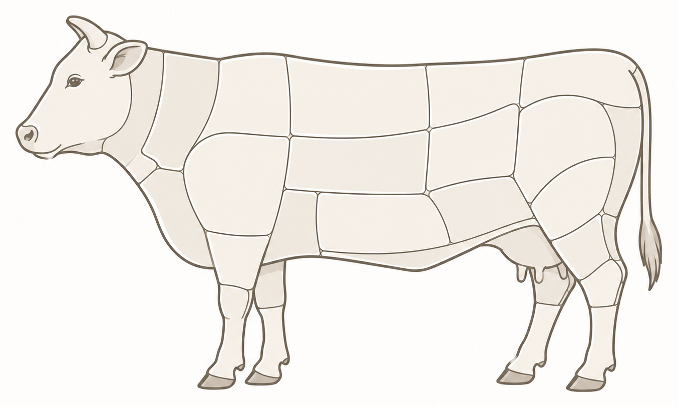Diagrama limpio de una vaca dividida en zonas de corte
